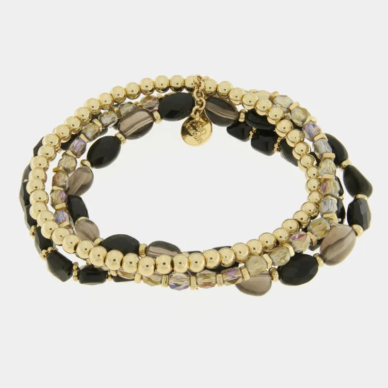 Bracciale in Metallo multifilo con perline oro e pietre nere