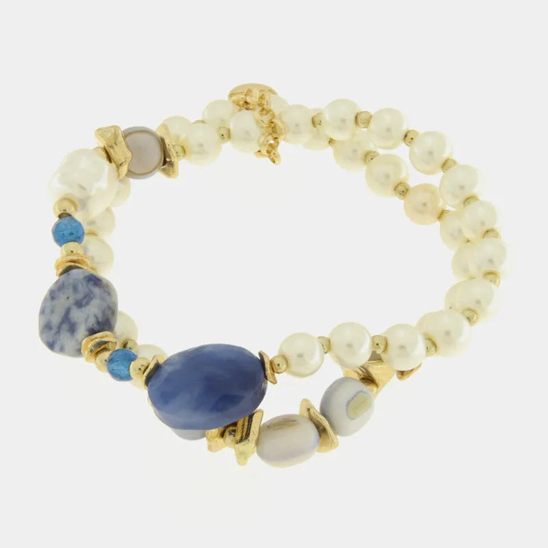 Bracciale in Metallo multifilo con perle bianche e pietre blu - BYSIMON gioielli