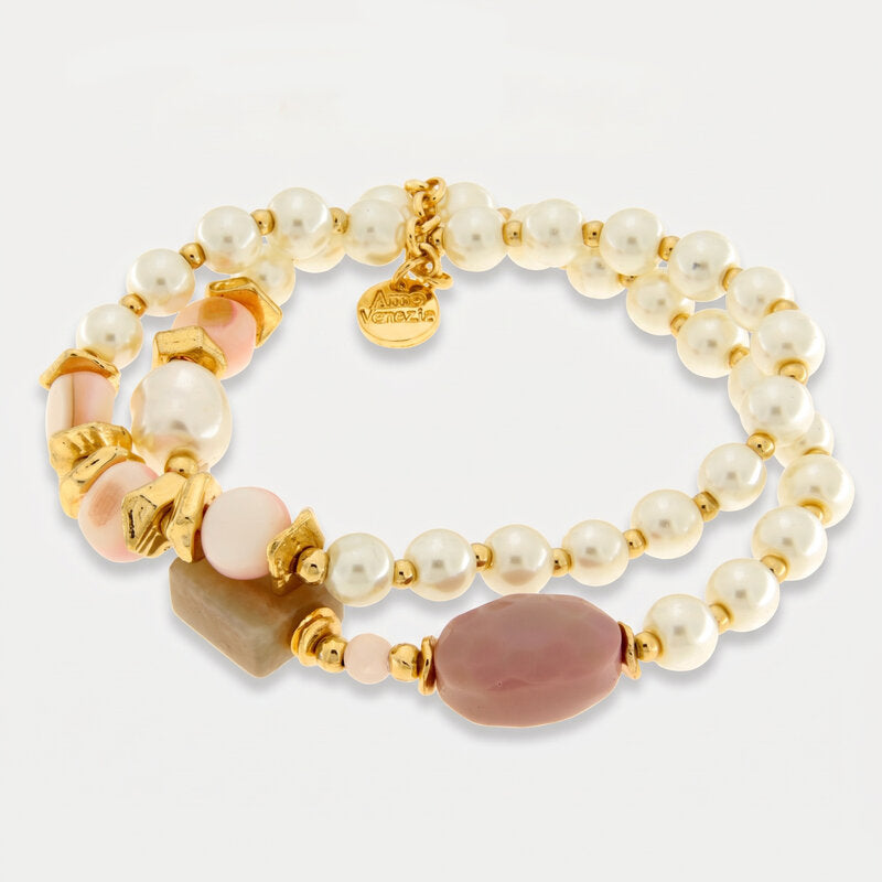 Bracciale in Metallo multifilo con perle bianche e pietre rosa - BYSIMON gioielli