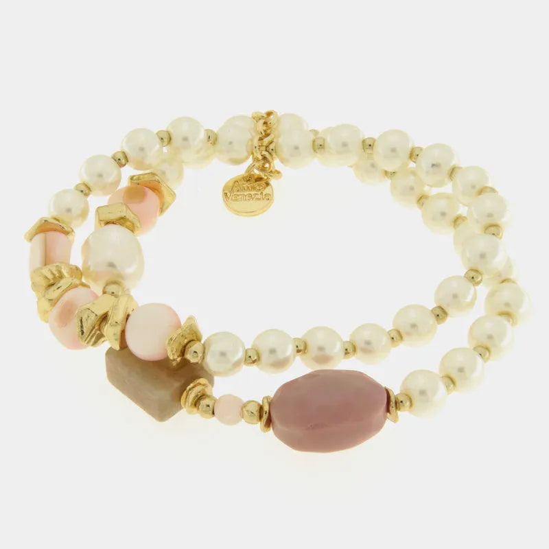 Bracciale in Metallo multifilo con perle bianche e pietre rosa - BYSIMON gioielli