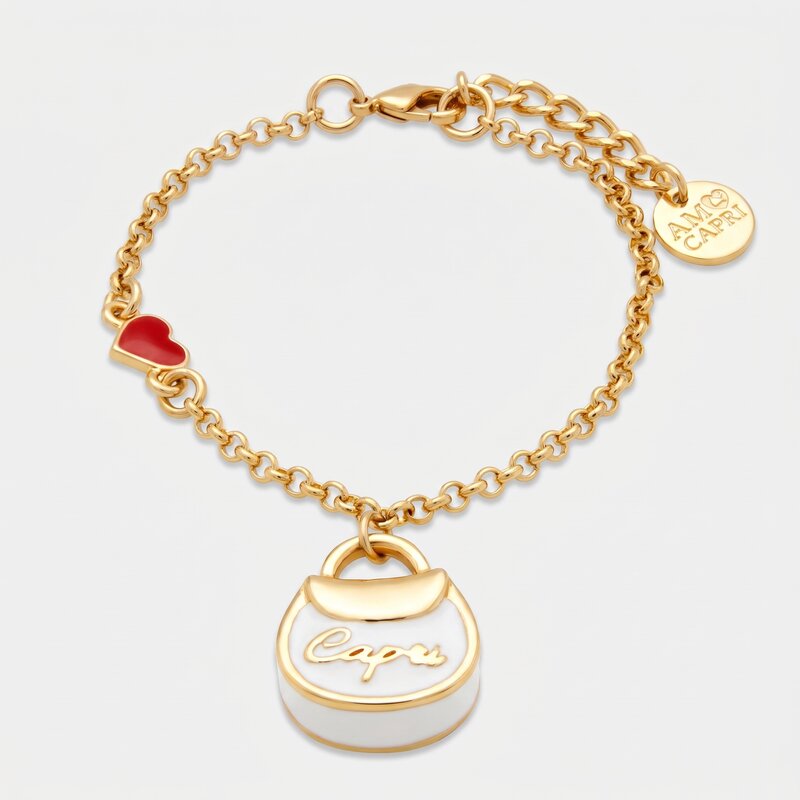 Bracciale in Metallo con borsa bianca scritta capri e cuore - BYSIMON gioielli