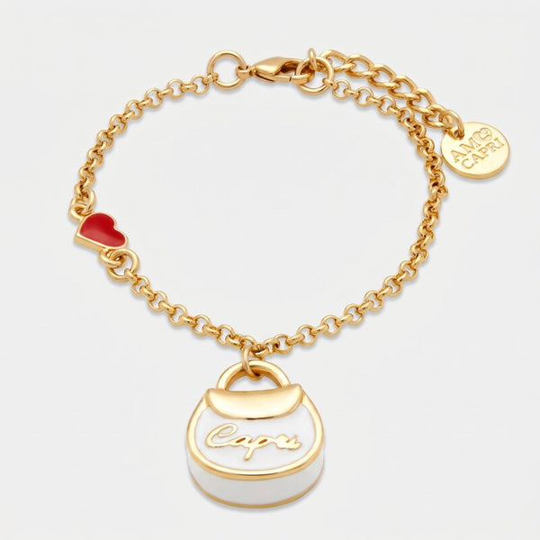 Bracciale in Metallo con borsa bianca scritta capri e cuore - BYSIMON gioielli