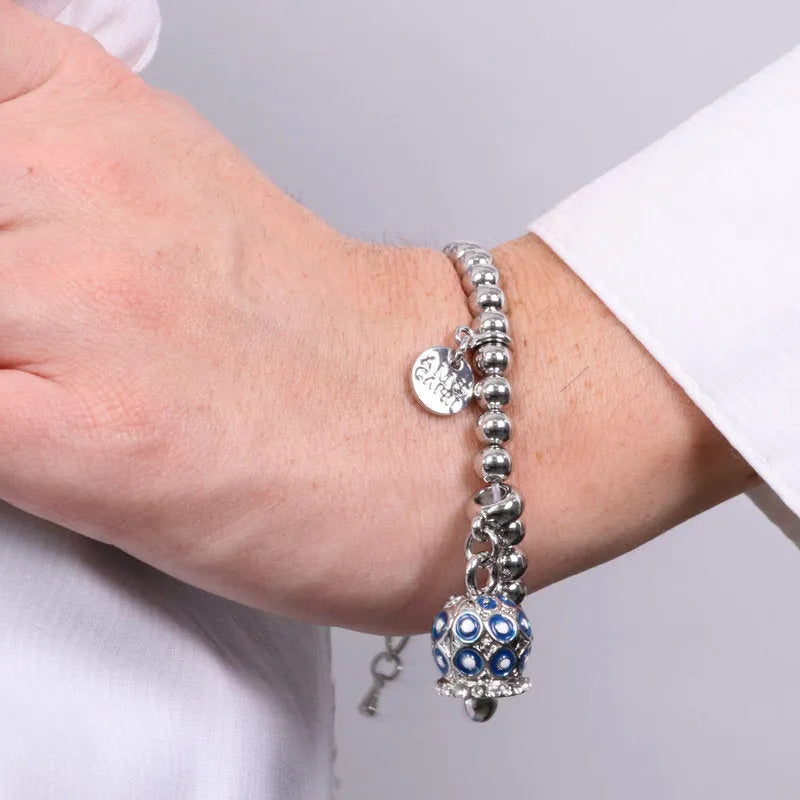 Bracciale in Metallo con campanella a pois blu e zirconi - BYSIMON gioielli