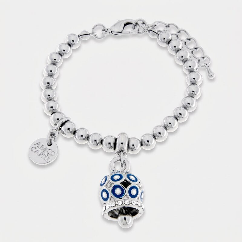 Bracciale in Metallo con campanella a pois blu e zirconi - BYSIMON gioielli