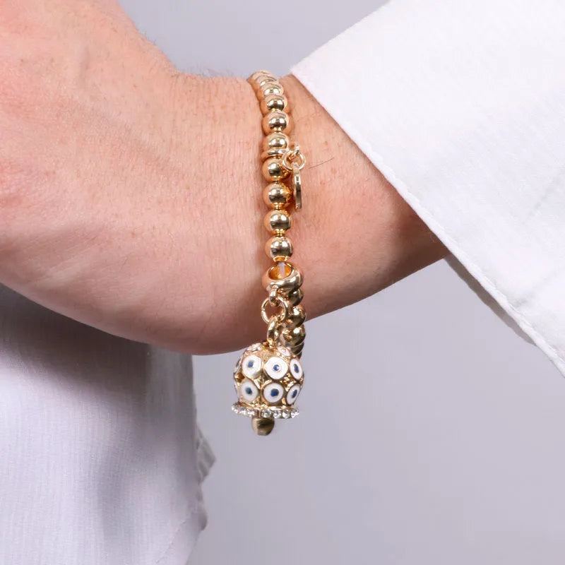 Bracciale in Metallo con campanella a pois bianco e zirconi - BYSIMON gioielli