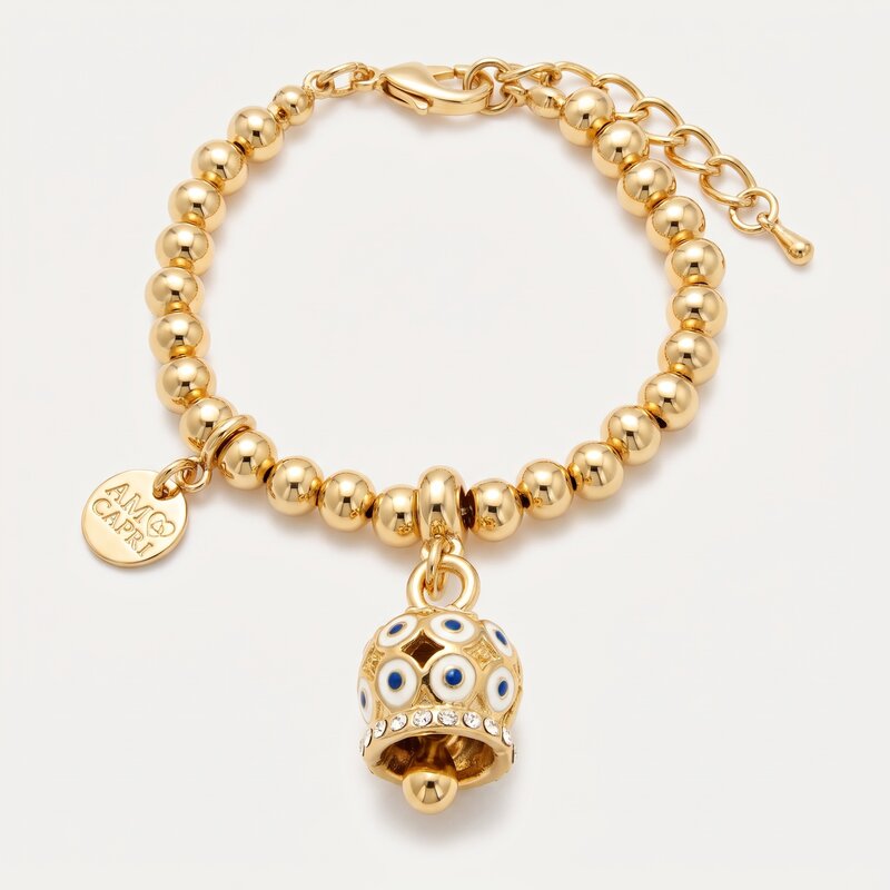 Bracciale in Metallo con campanella a pois bianco e zirconi - BYSIMON gioielli