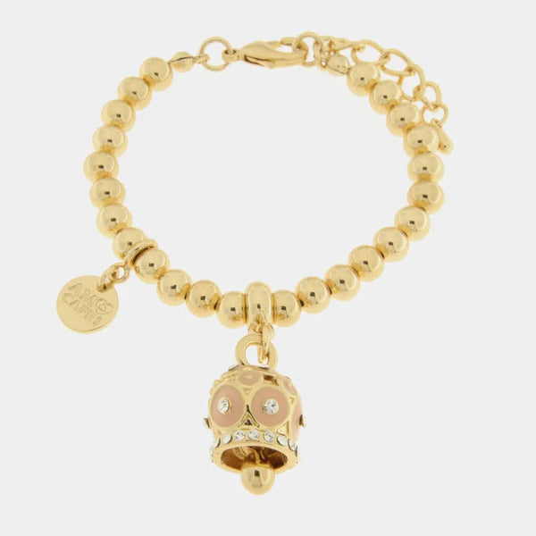 Bracciale in Metallo con campanella a pois rosa e zirconi - BYSIMON gioielli