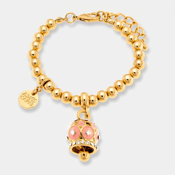Bracciale in Metallo con campanella a pois rosa e zirconi - BYSIMON gioielli