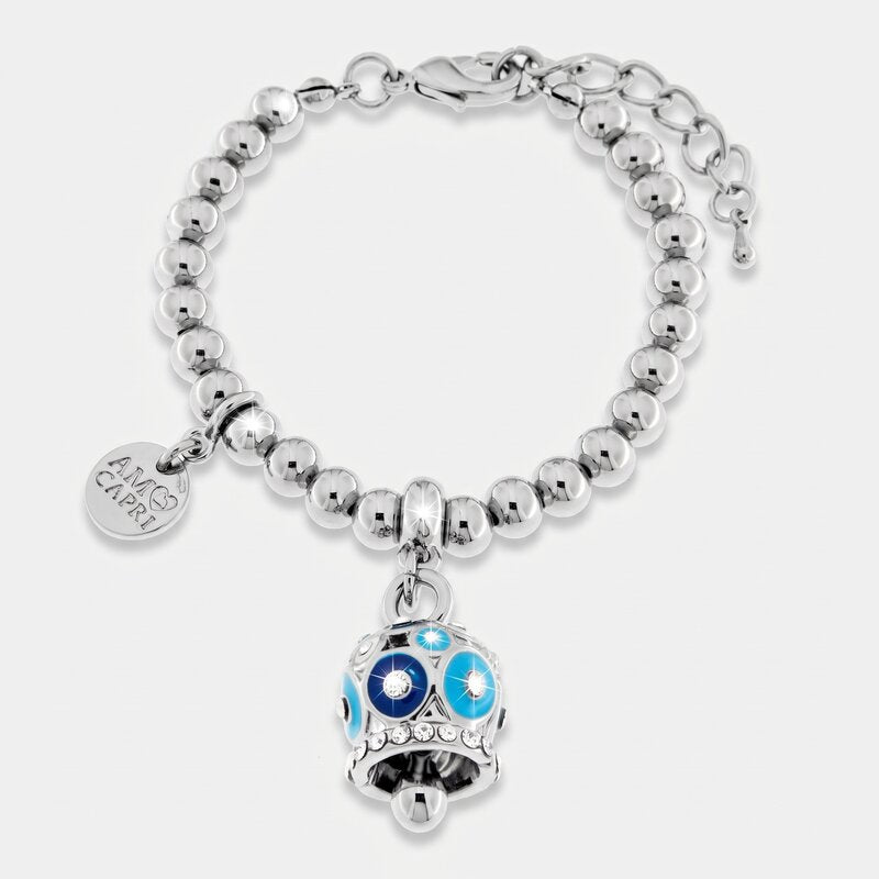 Bracciale in Metallo con campanella a pois blu e azzurro e zirconi - BYSIMON gioielli