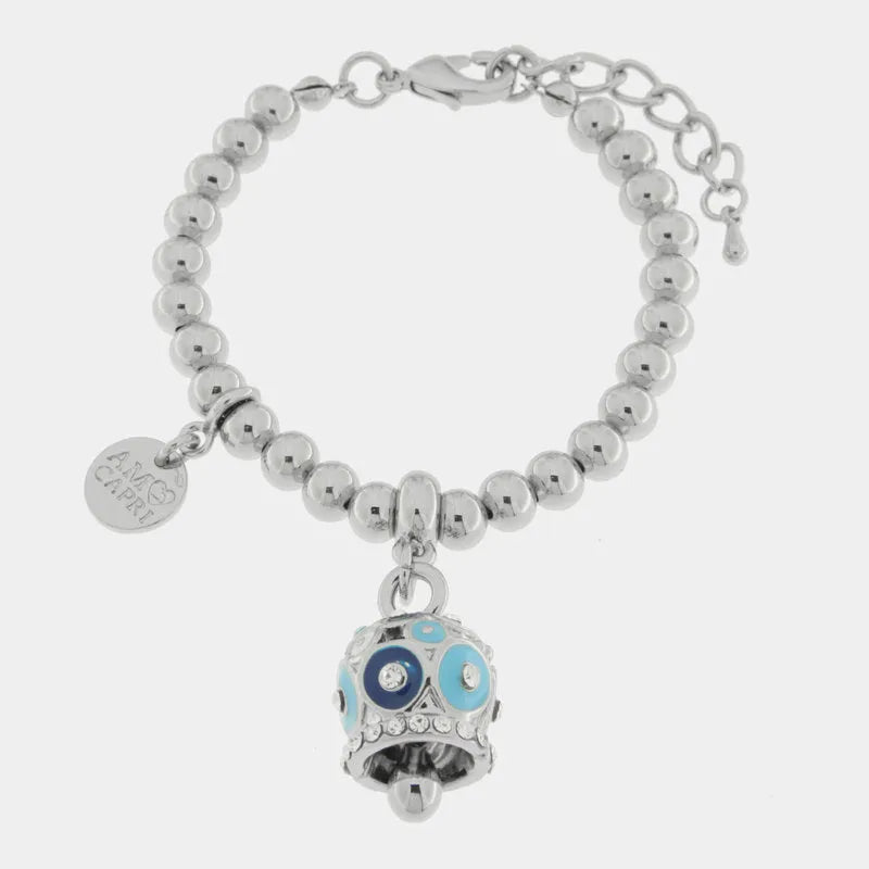 Bracciale in Metallo con campanella a pois blu e azzurro e zirconi - BYSIMON gioielli