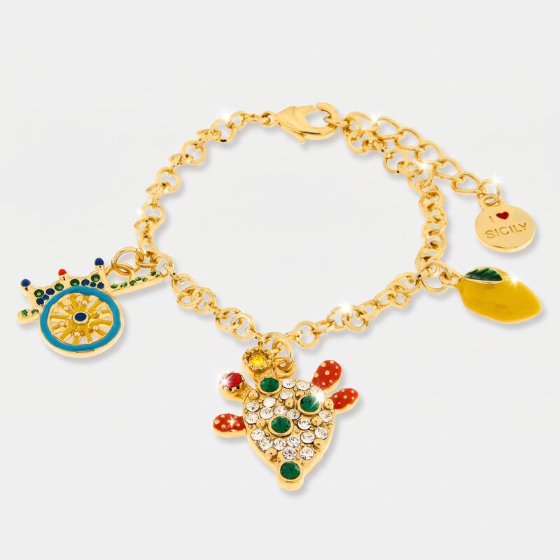 Bracciale in Metallo con ruota di carro limone e cactus zirconato SICILY - gioiello BySimon