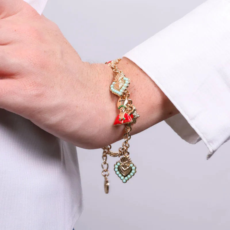 Bracciale in Metallo con San Gennaro cuore verde e cuore sacro placcato oro - BYSIMON gioielli