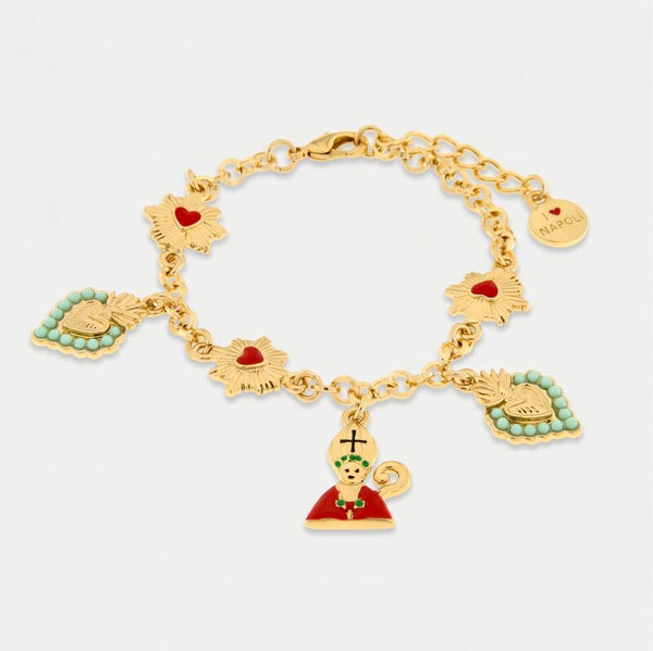 Bracciale in Metallo con San Gennaro cuore verde e cuore sacro placcato oro - BYSIMON gioielli