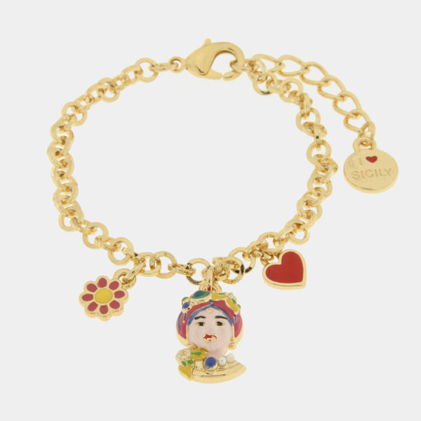 Bracciale in Metallo con testa di Moro rosa  fiore  e cuore - BYSIMON gioielli