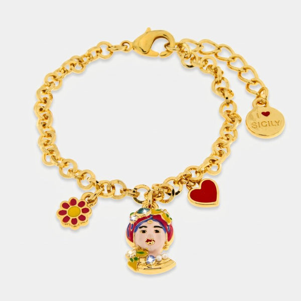 Bracciale in Metallo con testa di Moro rosa  fiore  e cuore - BYSIMON gioielli