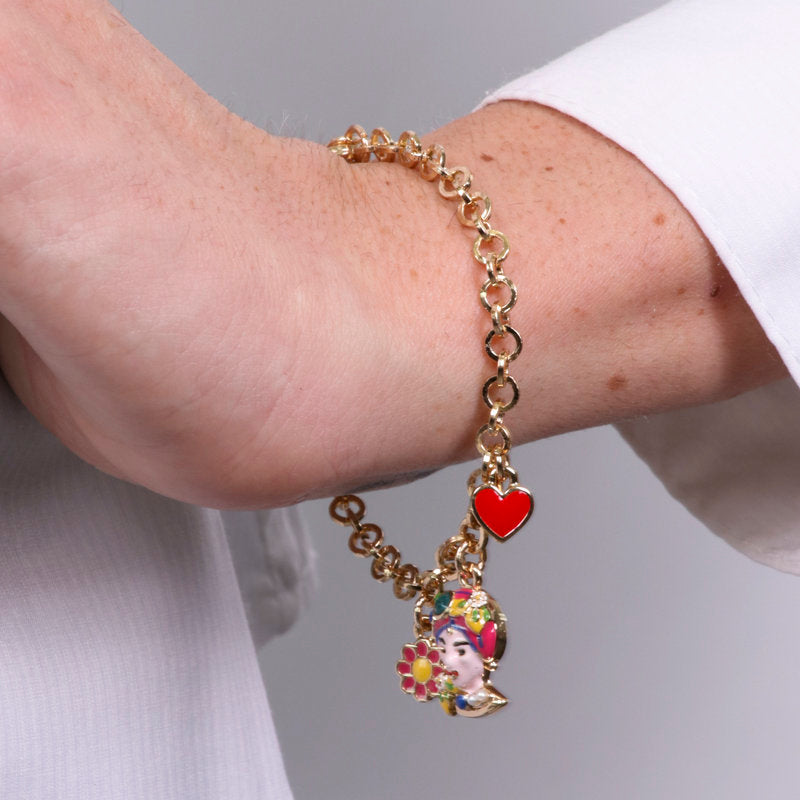 Bracciale in Metallo con testa di Moro rosa  fiore  e cuore - BYSIMON gioielli
