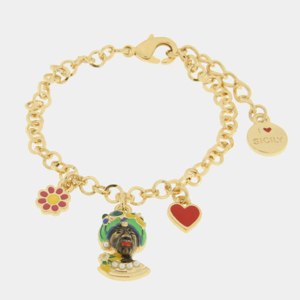 Bracciale in Metallo con testa di Moro verde  fiore  e cuore - BYSIMON gioielli