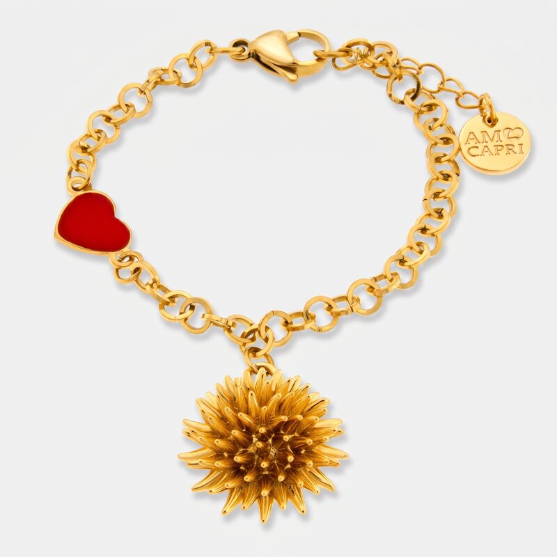 Bracciale in Metallo con riccio di mare placcato oro e cuore - BYSIMON gioielli