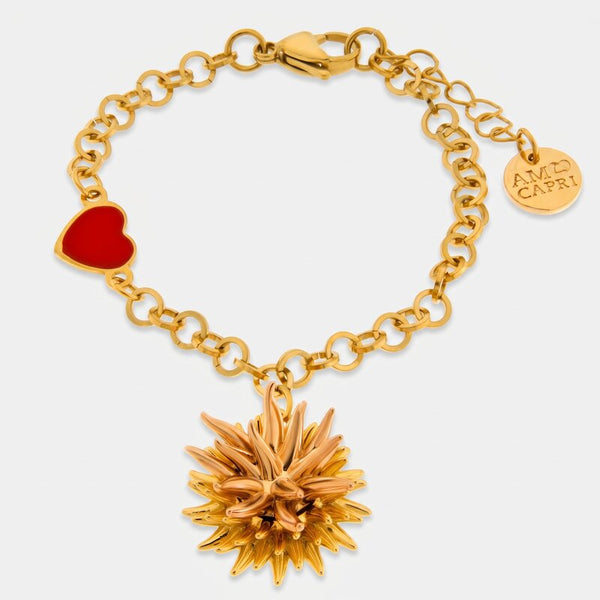 Bracciale in Metallo con riccio di mare placcato oro e cuore - BYSIMON gioielli