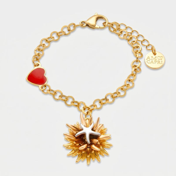 Bracciale in Metallo con riccio di mare placcato oro e stella bianca e cuore - BYSIMON gioielli