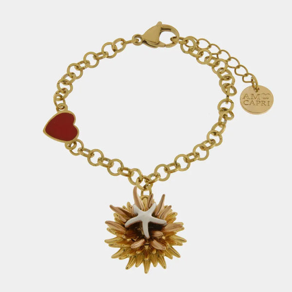 Bracciale in Metallo con riccio di mare placcato oro e stella bianca e cuore - BYSIMON gioielli