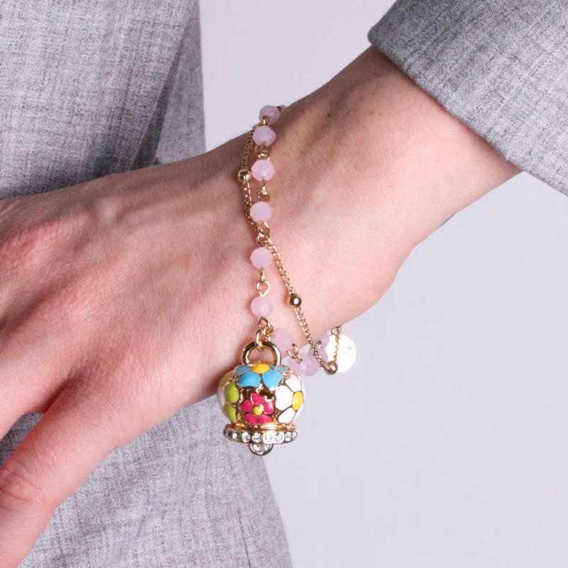 Bracciale in Metallo multifilo rosa con campana a fiori multicolor