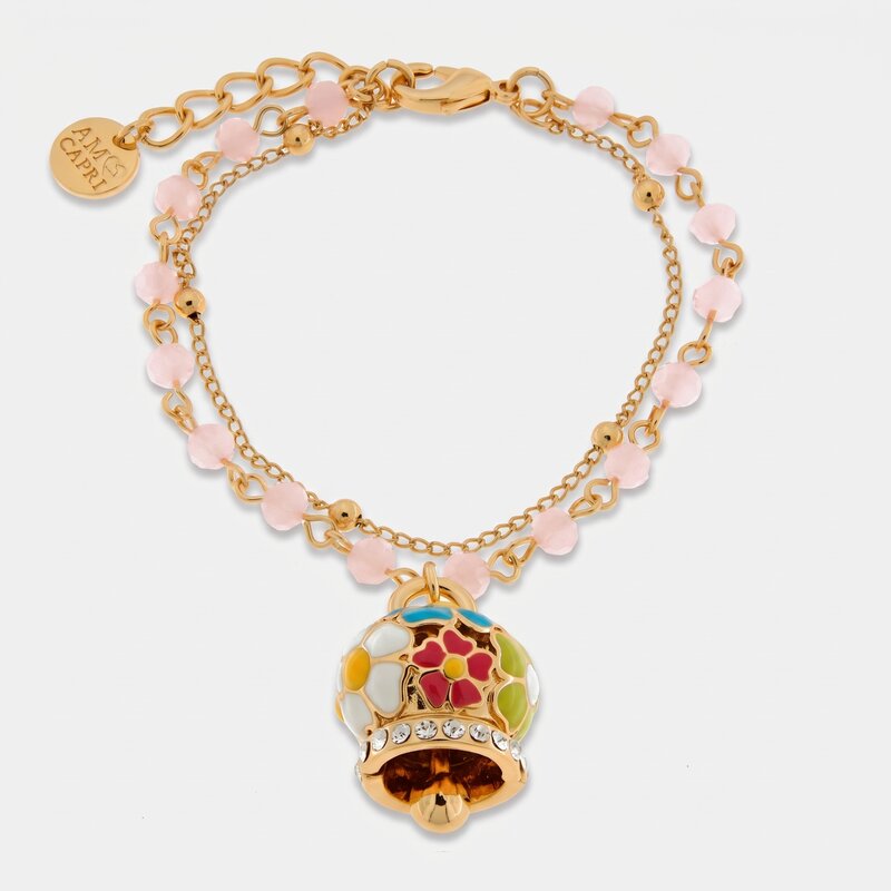 Bracciale in Metallo multifilo rosa con campana a fiori multicolor - BYSIMON gioielli