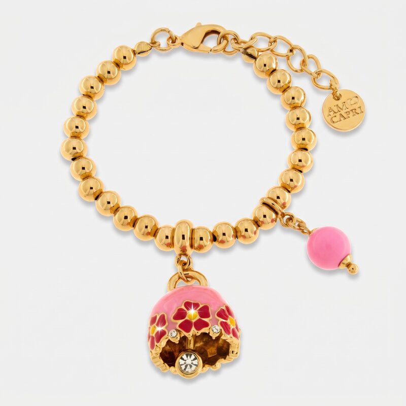 Bracciale in Metallo con campanella rosa e  fiori e perla - BYSIMON gioielli