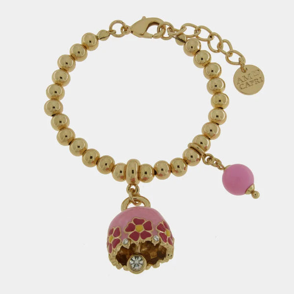 Bracciale in Metallo con campanella rosa e  fiori e perla - BYSIMON gioielli