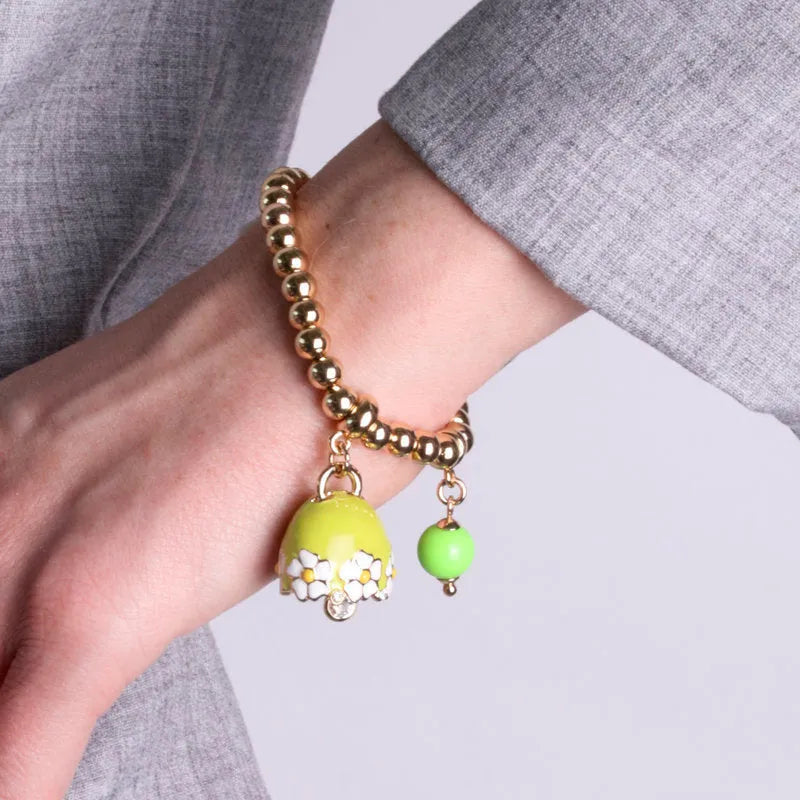 Bracciale in Metallo con campanella verde e  fiori e perla - BYSIMON gioielli
