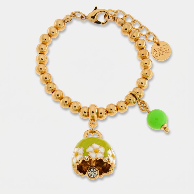 Bracciale in Metallo con campanella verde e  fiori e perla - BYSIMON gioielli