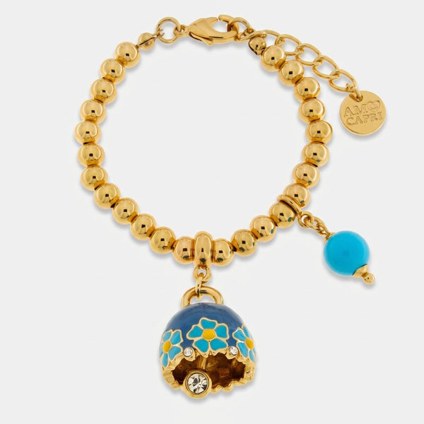 Bracciale in Metallo con campanella blu e  fiori e perla - BYSIMON gioielli