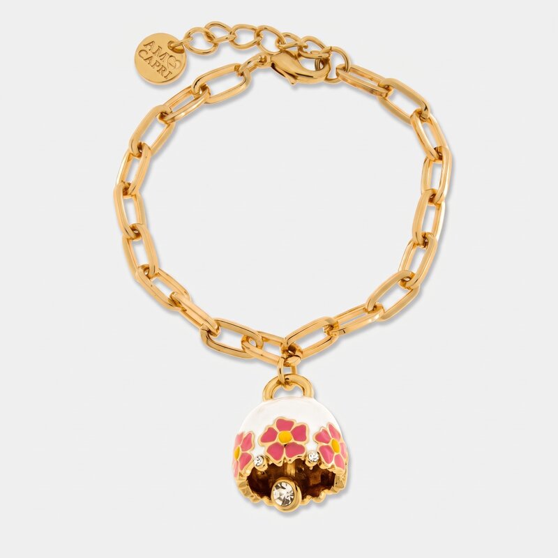 Bracciale in Metallo con campanella bianca e fiori rosa - BYSIMON gioielli
