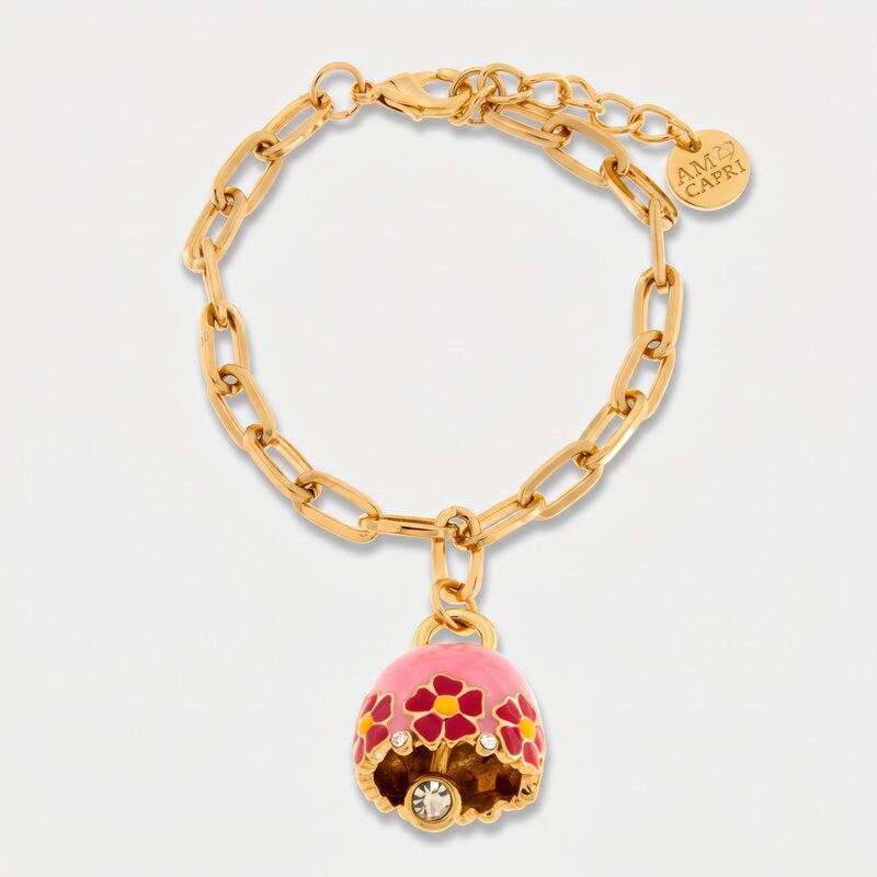 Bracciale in Metallo con campanella rosa e  fiori - BYSIMON gioielli