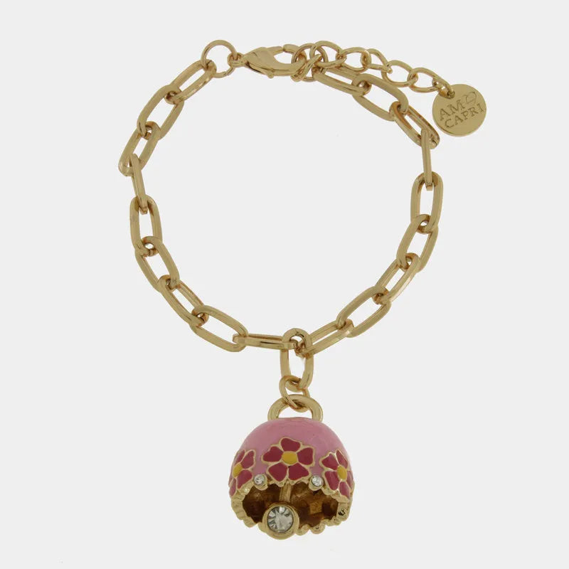 Bracciale in Metallo con campanella rosa e  fiori