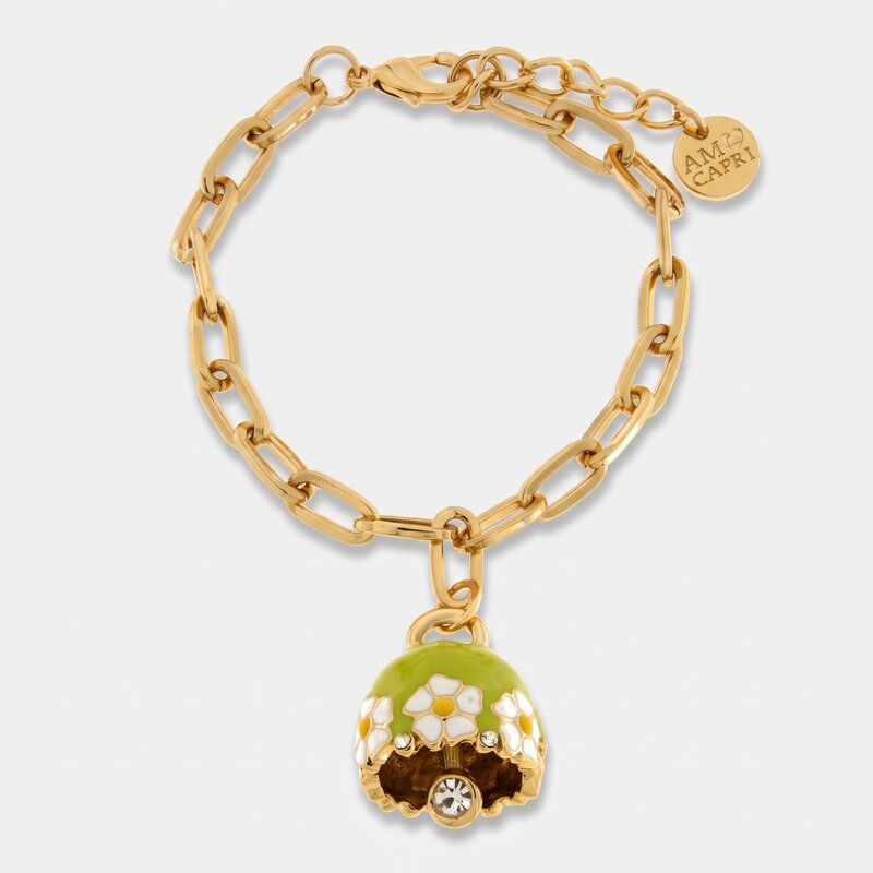 Bracciale in Metallo con campanella verde e  fiori - BYSIMON gioielli