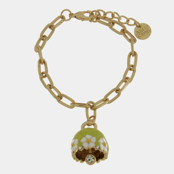 Bracciale in Metallo con campanella verde e  fiori - BYSIMON gioielli