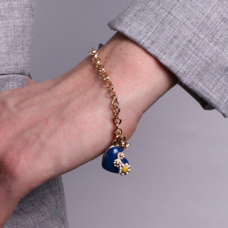 Metal Bracelet with Blue Heart and Flowers
