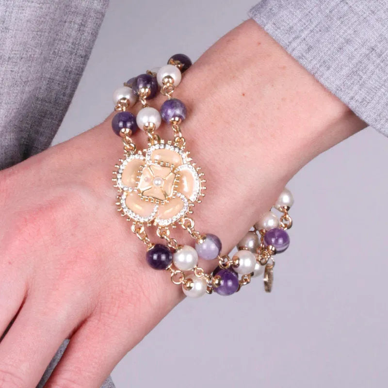Bracciale in Metallo multifilo con fiore e perle placcato oro - BYSIMON gioielli
