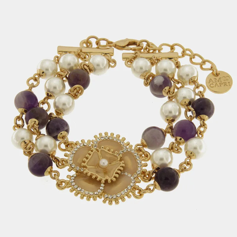 Bracciale in Metallo multifilo con fiore e perle placcato oro - BYSIMON gioielli