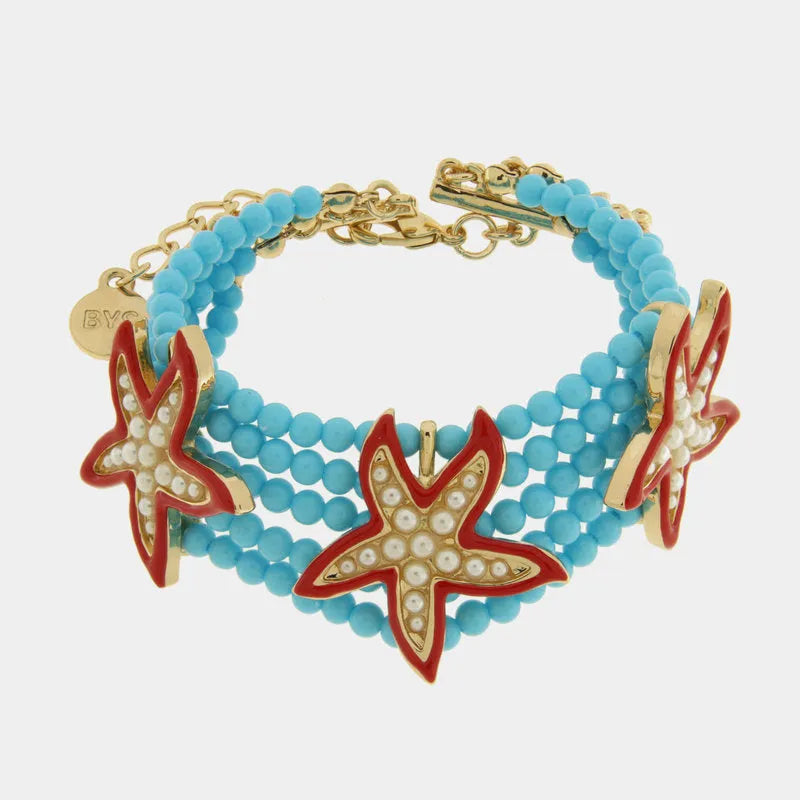 Bracciale in Metallo con sfere turchesi e stelle marine rosse bys - gioiello BySimon