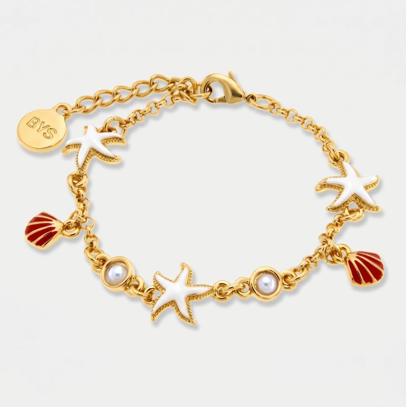Bracciale con stelle marine bianche e conchiglie rosse | gioielli conchiglia mare | BYSIMON