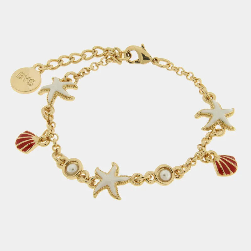 Metal Bracelet with white starfish and red seashells