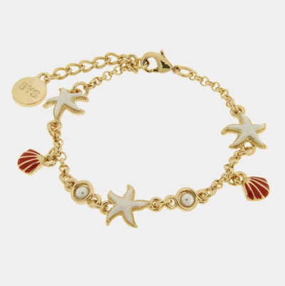 Bracciale con stelle marine bianche e conchiglie rosse | gioielli conchiglia mare | BYSIMON