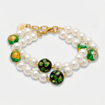 Bracciale in Metallo con doppio giro di perle e cristalli verdi - BYSIMON gioielli