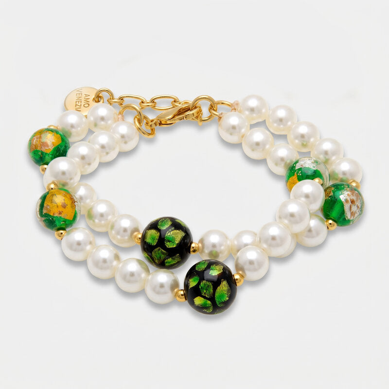 Bracciale in Metallo con doppio giro di perle e cristalli verdi - BYSIMON gioielli