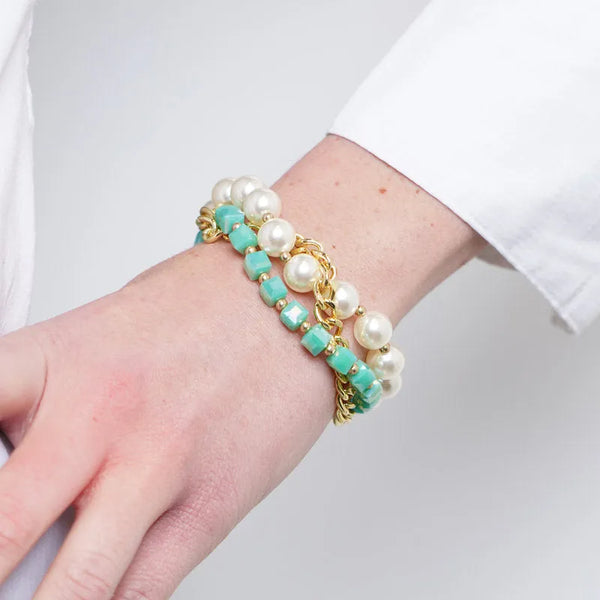 Bracciale in Metallo mutlifilo con cristalli verdi e perle - BYSIMON gioielli