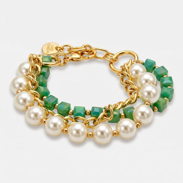 Bracciale in Metallo mutlifilo con cristalli verdi e perle - BYSIMON gioielli