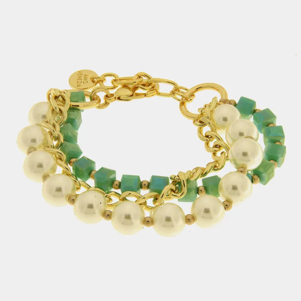 Bracciale in Metallo mutlifilo con cristalli verdi e perle - BYSIMON gioielli
