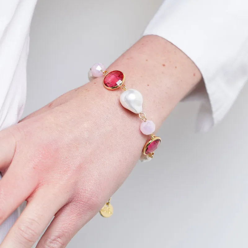 Bracciale in Metallo con perle e cristalli rosa - BYSIMON gioielli